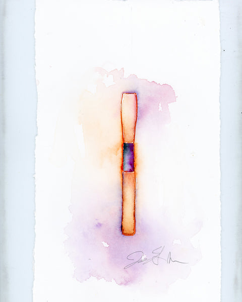 Abstract artwork with a vertical reed, a rectangular shape in the center on a light blue and pink watercolor background.
