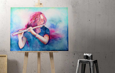a large watercolor of a woman playing a flute