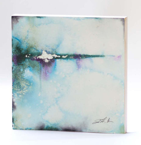 an abstract watercolor painting with silver leaf and dark green