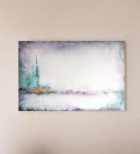 A mounted watercolor painting featuring a serene abstract scene with a blend of blue and green tones.