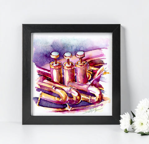 Framed artwork of a colorful brass instrument mellophone on a white background