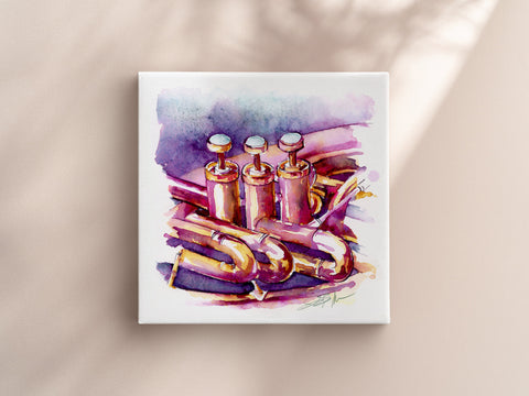 Watercolor painting of a mellophone on a beige background