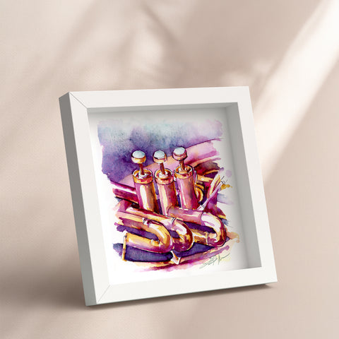 Framed watercolor painting of a mellophone on a beige background