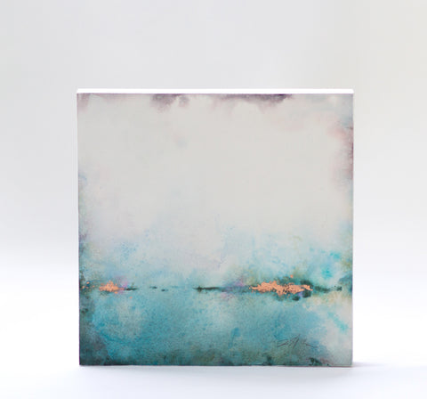 a colorful painting with copper and teal abstract patterns