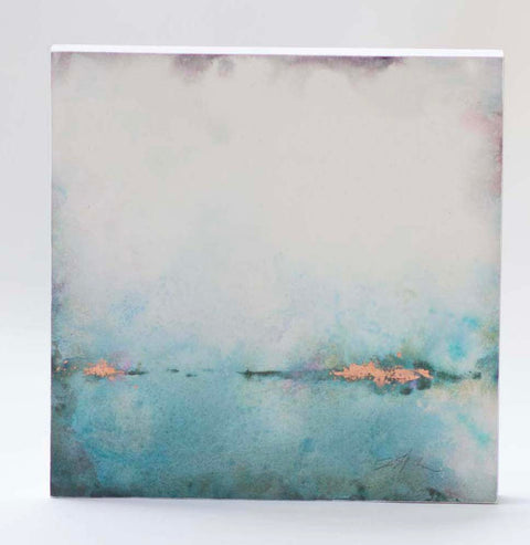 a signed watercolor painting in copper and teal hues
