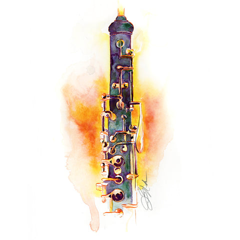a colorful watercolor of the top part of an oboe