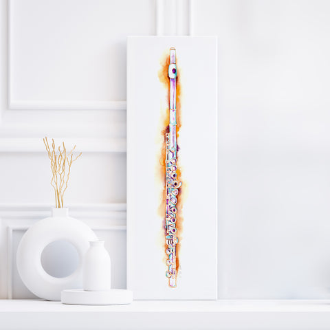 a watercolor of a silver flute on an orange background