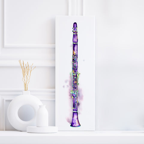 A vibrant purple clarinet painting displayed on a white surface, with decorative elements and a diffuser to the side.