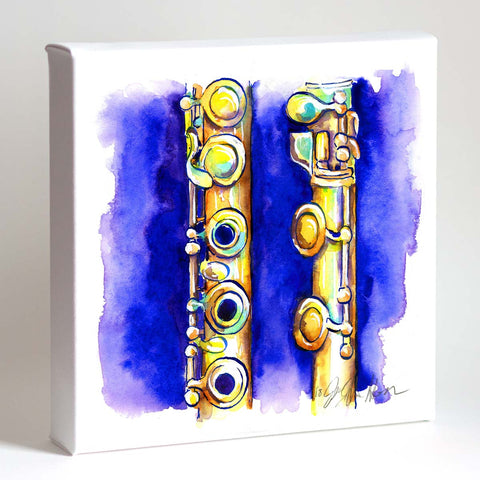 A watercolor print of a flute with gold and blue colors