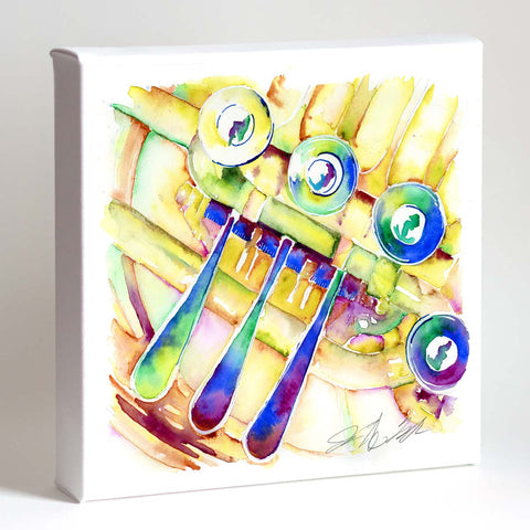 Original watercolor painting of a colorful French horn, framed in a white frame.