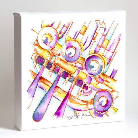A colorful painting of a French horn in vibrant yellow and purple hues
