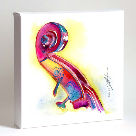 A framed watercolor painting of a colorful, abstract representation of an upright bass's headstock, with vibrant pink and yellow tones.