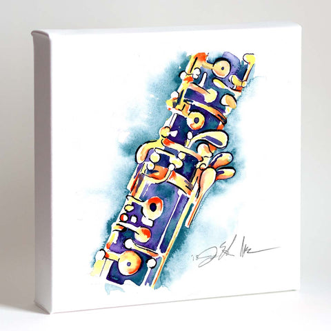 A watercolor painting of a blue and gold oboe with abstract elements,