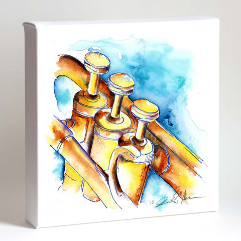 A painting of a trumpet in vibrant turquoise and yellow hues against a white background, with no frame included.
