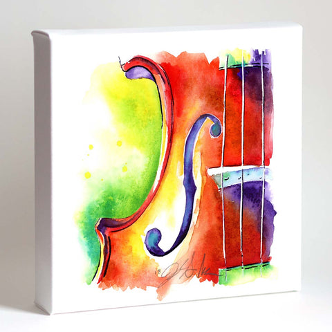 A watercolor painting of a violin or viola with a colorful abstract design, featuring predominantly red, yellow, and blue hues, presented in a white frame.