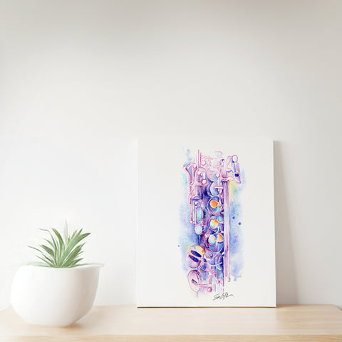 Soprano saxophone watercolor print shown in home mockup by Jamie Hansen