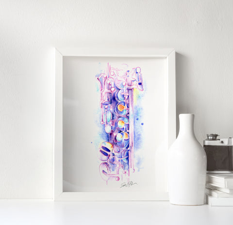Soprano saxophone watercolor painting in white frame by Jamie Hansen