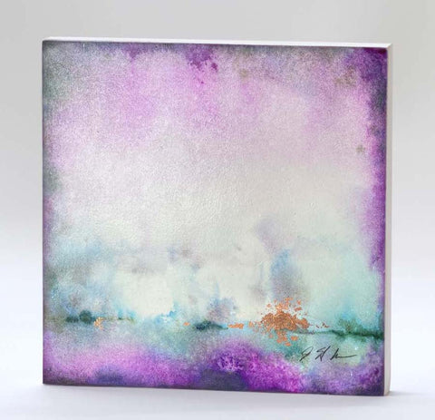 A 12 x 12 inch watercolor painting featuring a blend of purple and blue hues with copper leaf accents, signed by the artist.
