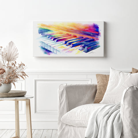 Colorful abstract painting of a piano keyboard on a wall above a sofa.