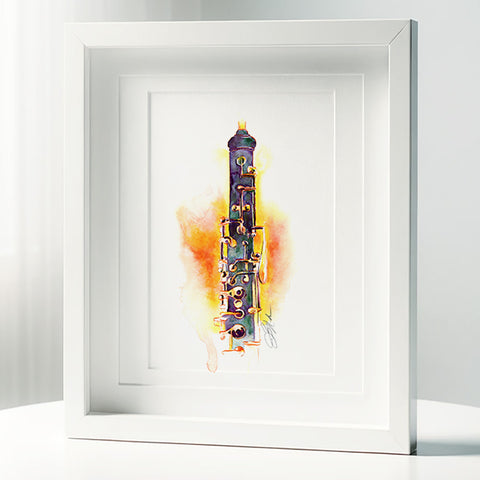 Framed watercolor painting of an oboe with a colorful backdrop, displayed on a white mat.