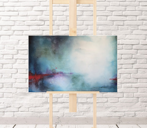 A watercolor painting titled 'Precarious' displayed on a easel, with a background of white brick wall and a wooden frame.