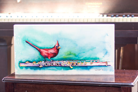 a colorful painting of a cardinal sitting on a flute