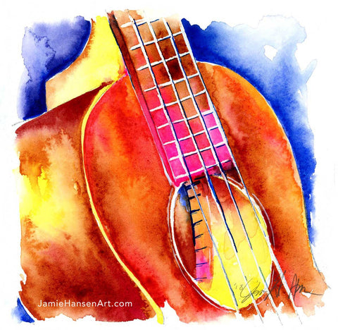 Colorful painting of a ukulele sound hole and strings.