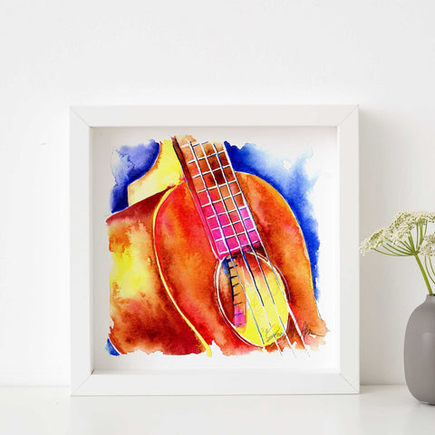 Colorful painting of a ukulele in a white frame.