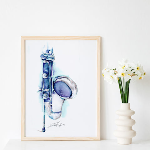 Bass clarinet painting in blue