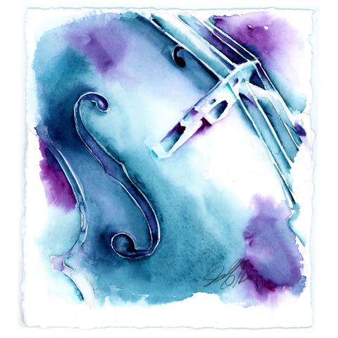 A watercolor painting of a cello in blue tones with abstract purple and white accents, featuring deckled edges.