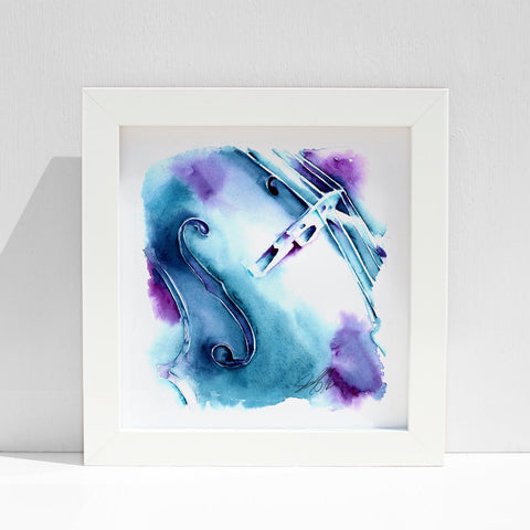 A watercolor painting of a cello in blue tones with abstract purple and white accents, featuring deckled edges.