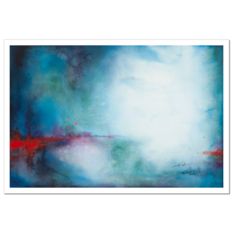 A watercolor painting featuring a blend of blue and green colors with a splash of red, created in collaboration with Nebula Ensemble.