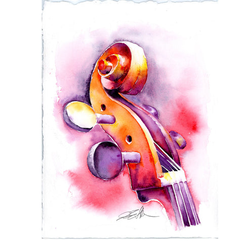 Cello Headstock in Strawberry 8 x 10 watercolor