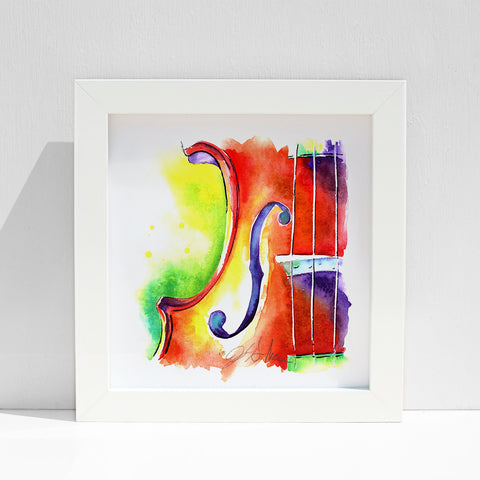A watercolor painting of a violin or viola with a colorful abstract design, featuring predominantly red, yellow, and blue hues, presented in a white frame.