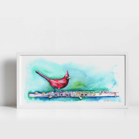 a colorful painting of a red bird sitting on a flute
