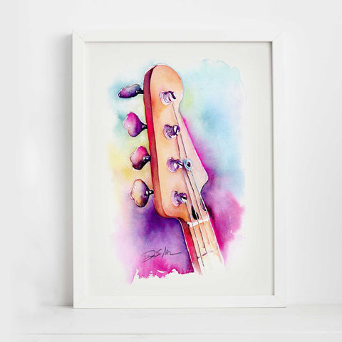 A colorful painting of a Fender Precision Bass Guitar headstock on a white background, with a vibrant blend of pink, purple, and blue watercolor strokes.