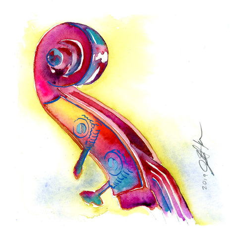 Pink and Yellow Bass Headstock - Double Bass Small watercolor art - Jamie Hansen Art