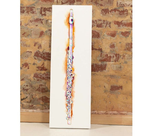 a flute painting leaning against a brick wall