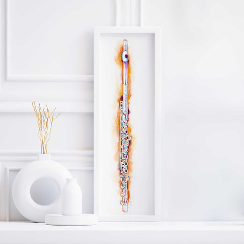 a colorful painting of a flute in a white frame