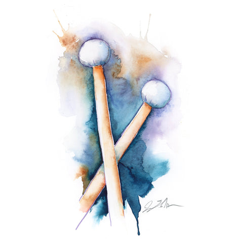 two crossed drum mallets painted in watercolor