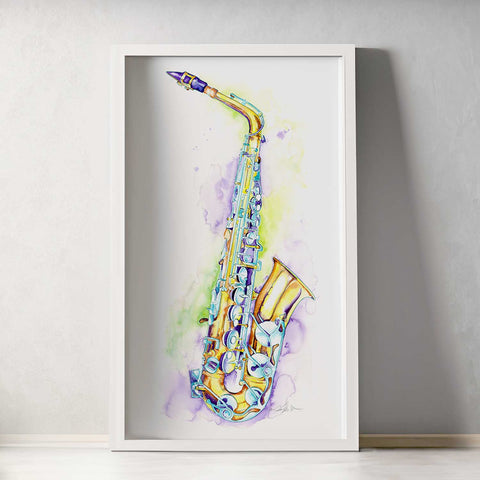 A framed watercolor and ink painting of an alto saxophone with vibrant colors and abstract elements, displayed against a neutral background.