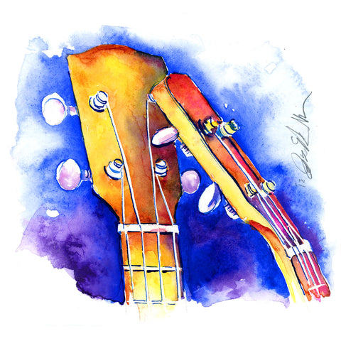 Kissing Cousins - Small painting of two ukeleles on blue - Jamie Hansen Art