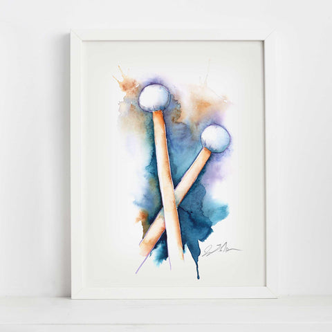 A watercolor painting of percussion mallets with blue, orange, and white colors on a white background, framed in a white frame.