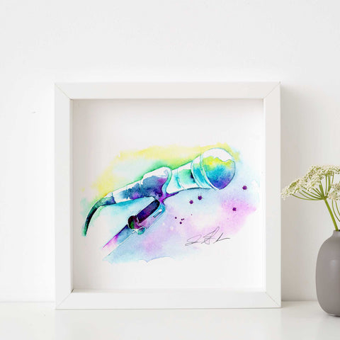 a watercolor of a microphone in a white frame