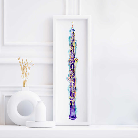 A colorful painting of an oboe displayed in a white frame, with decorative items and a white wall in the background.
