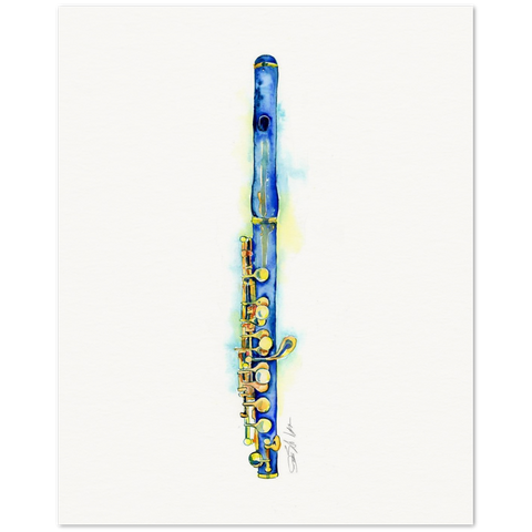 Brightly colored painting of a piccolo in blue and gold.