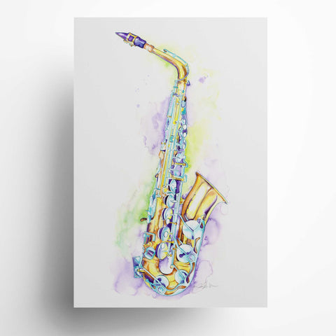 a painting of an alto saxophone with splashy watercolor texture