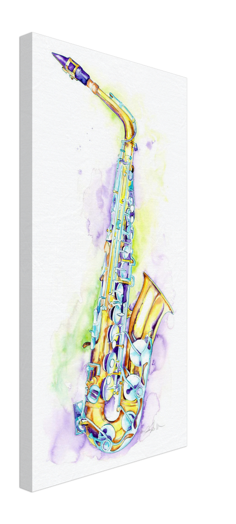 A framed watercolor and ink painting of an alto saxophone with vibrant colors and abstract elements, displayed against a neutral background.