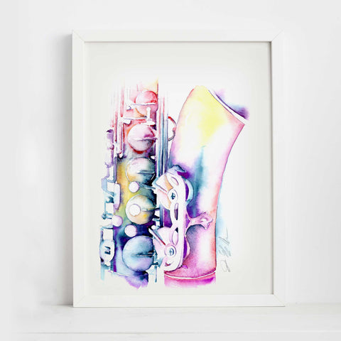 A watercolor painting of a tenor saxophone with vibrant colors and deckled edges, framed and displayed against a white background.