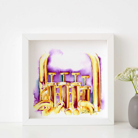A watercolor painting of a four valve tuba in gold, purple, and green colors, presented in a white frame.